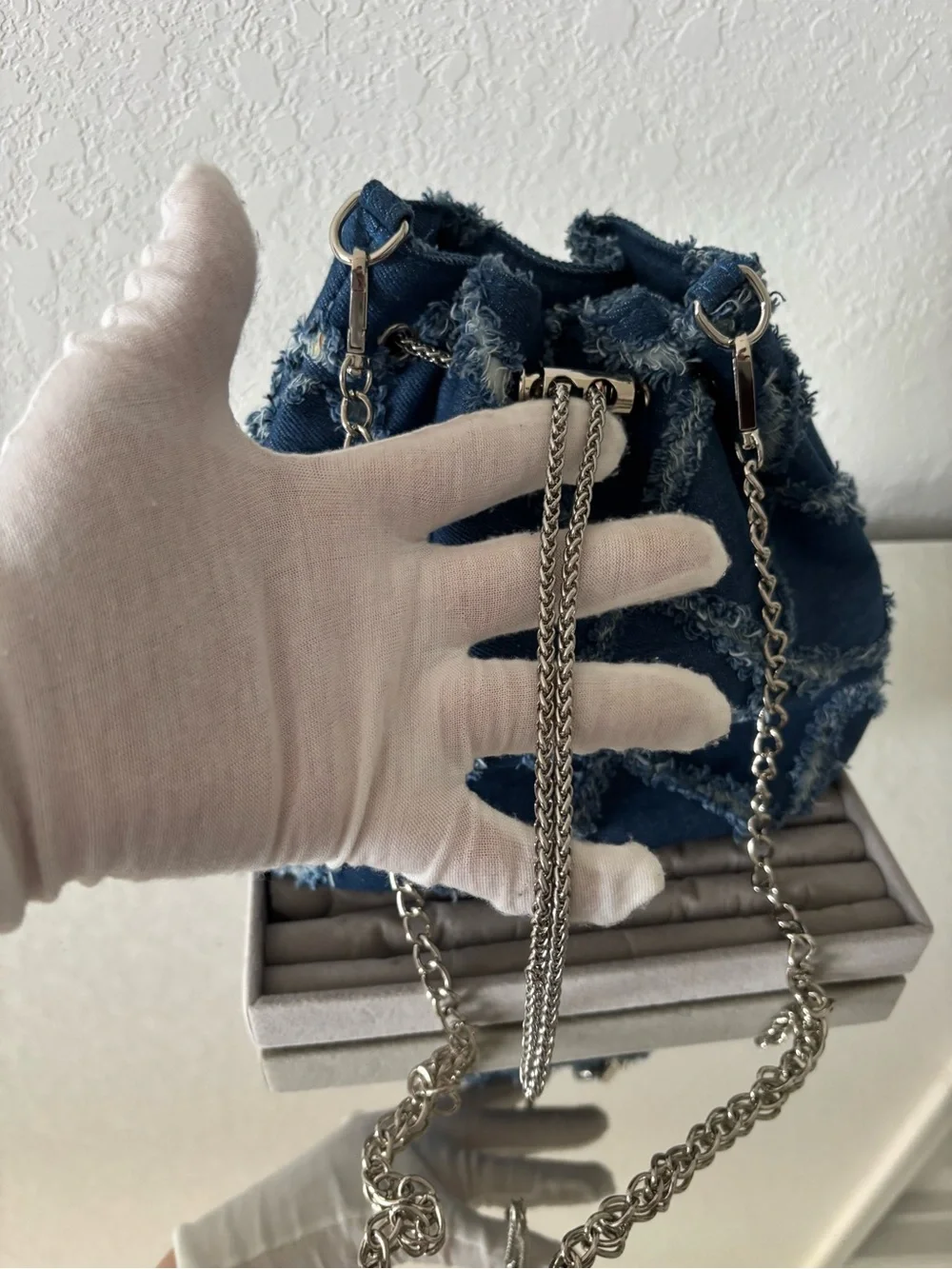 Denim Bucket Bag Frayed Patchwork Silver Chain Crossbody Shoulder Purse Blue